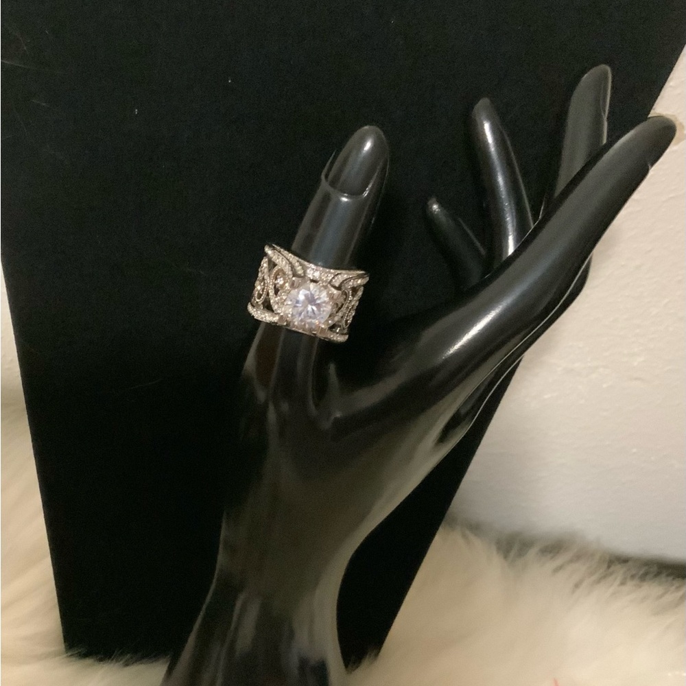 Intricate Silver Filigree Ring with Clear Stone - Women's Statement Ring